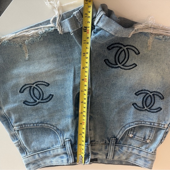 Blue Chanel Denim Jean Shorts with Distressed Hem and Logo Design - Picture 7 of 8